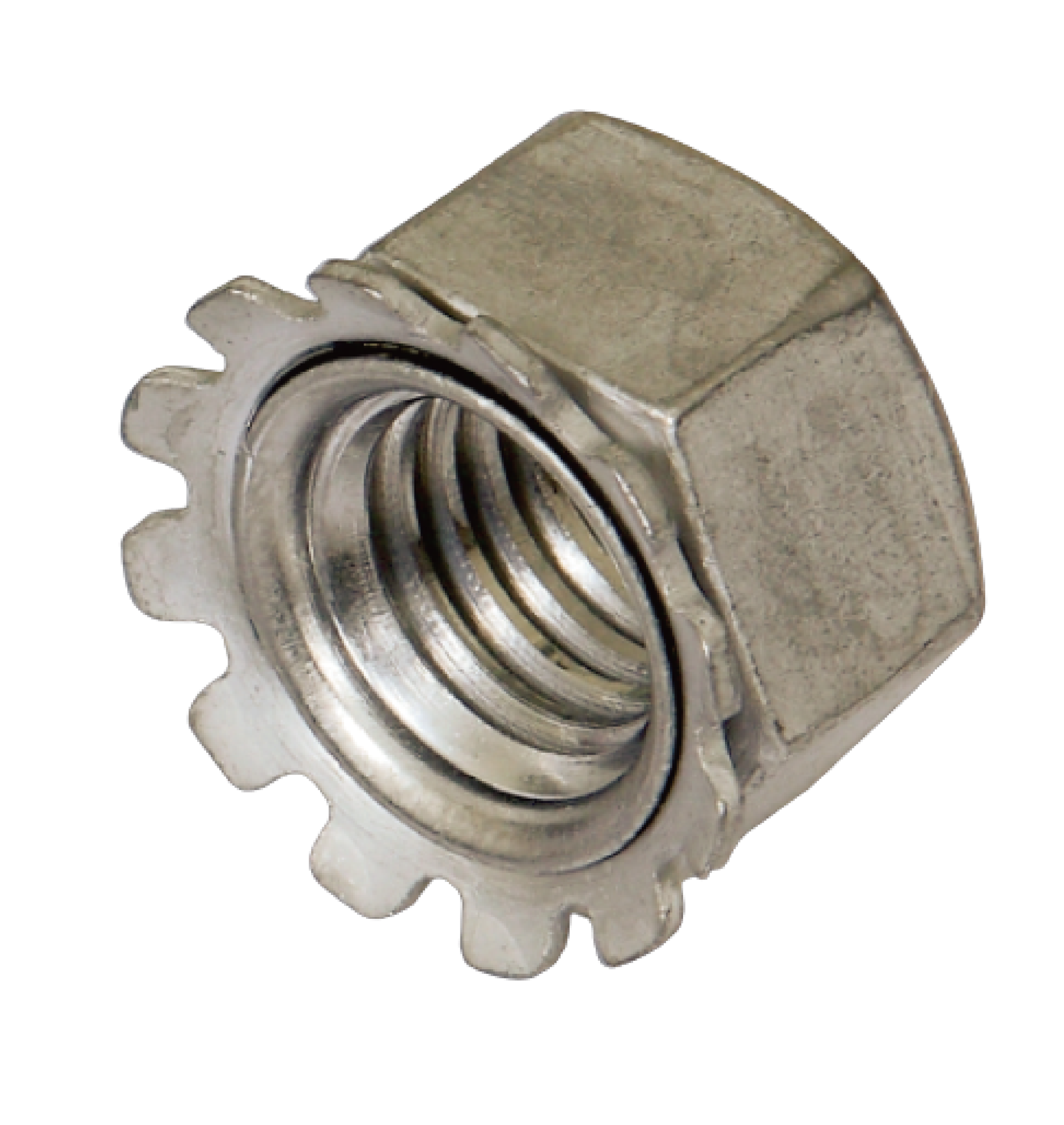 Close-up of a Kep Nut product on a white background, showcasing kep nuts, serration washer nuts, and nylon washer nuts