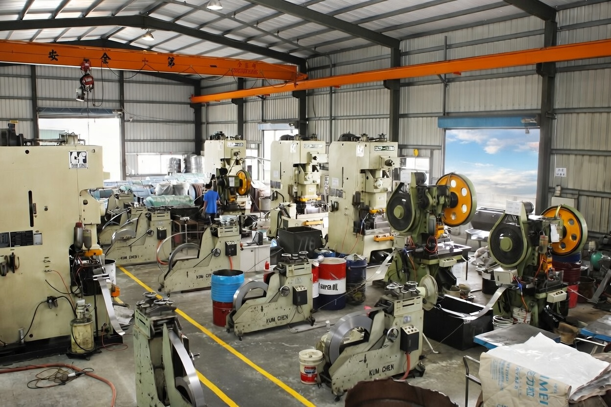 Factory machines for precision washer stamping on 15 presses, producing conical, serrated, and flat washers, with nut forming, thread tapping, and fastener manufacturing capabilities
