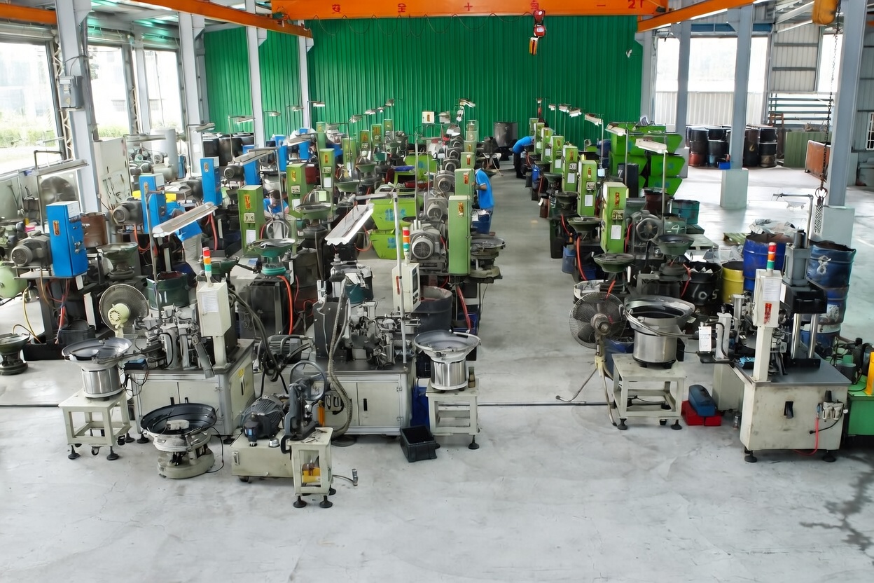 Factory machines for high-volume nut and washer assembly with 32 machines and 4 robotic arms, supporting nut forming, thread tapping, and fastener manufacturing